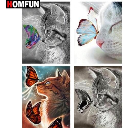 HOMFUN Diamond Painting Cross Stitch "Animal cat butterfly" Full Square Round Diy 5d Diamond Embroidery Picture Rhinestone Art