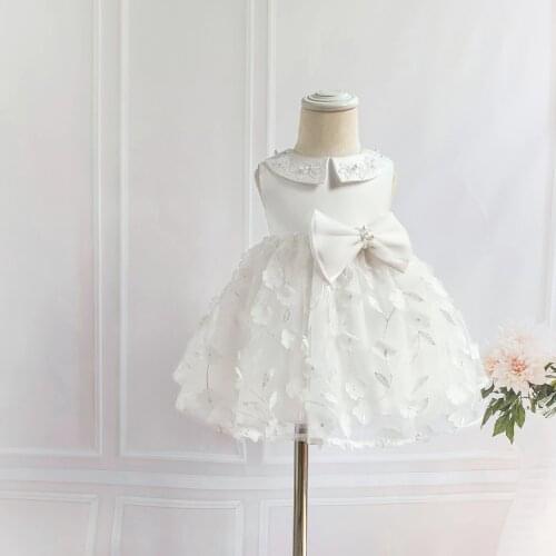 White Tulle Baby Girl Dress Beads Bow Christening Gown for Baptism Newborn 1 st Birthday Princess Infant Wedding Party Dress