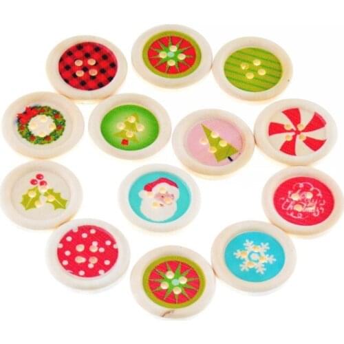 Free Shipping 25Pcs Random Mixed 4 Holes Round 25mm Pattern Wood Sewing Buttons Scrapbooking F1081