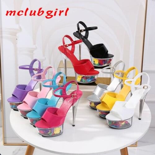 Mclubgirl Lacquer Leather Extra High Heels Thin Heels Sexy Waterproof Platform Hate Sky High Super High Sandals Female LFD