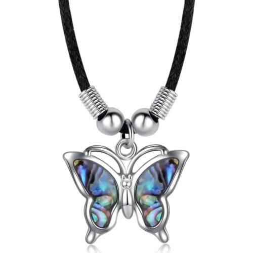 Silver Plated Butterfly Abalone Shell Pendant Black Rope Chain Necklace for Women Temperament Jewelry