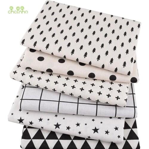 Chainho,6pcs/Lot,Black&White Series,Patchwork Printed Cotton Linen Fabric,For DIY Quilting&Sewing Placemat,Bags Material,25x45cm