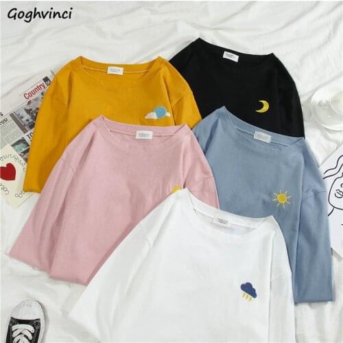 Long Sleeve T-shirts Women Embroidery Spring Candy-color All-match Korean Girls Casual Loose Ins Womens Tops Fashion Vintage New