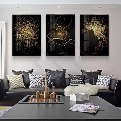 Modern Style Canvas Painting Poster Art Ancient Cities Maps with Golden Lines London Beijing Cologne for Home Room Wall Decora