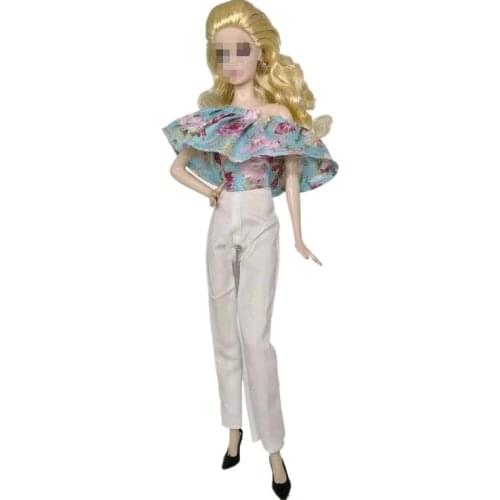 Fashion Light Blue Floral Ruffled Shirt Pants For Barbie Doll Clothes Princess Outfits Top Trousers 1/6 BJD Accessories Kids Toy