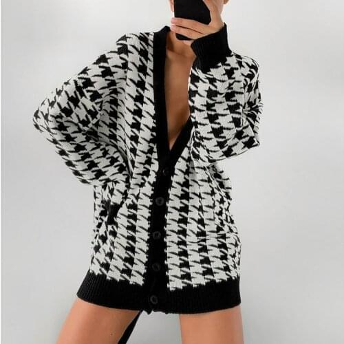 Autumn Cardigan Long Sleeve Knitwear Ladies Houndstooth V-neck Loose Single-breasted Knitted Coat Casual Outerwear Sweater Women