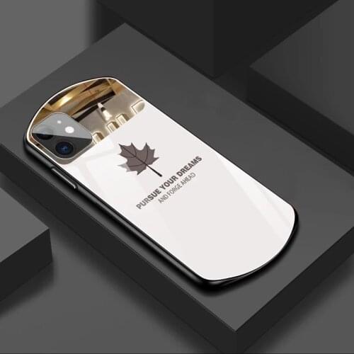 Luxury Tempered Glass Phone Case For iPhone 11 Pro 12 Mini X XR XS Max SE 2 6 6S 7 8 Plus Oval Silicone Maple Leaf Mirror Cover