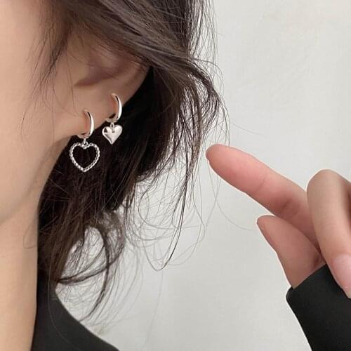925 Sterling Silver Asymmetry Heart Charm Studs Earrings For Women Party Jewelry Accessories eh1074