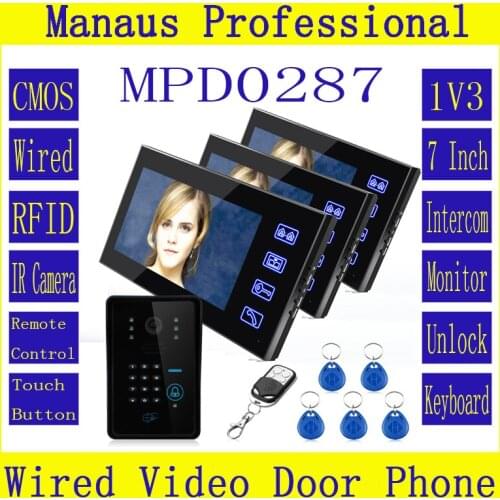 Newest Touch Key 7" Color RFID Video Door Phone Doorbell 5 ID Card Video Intercom 3 Monitor Security Video Intercom System D287a