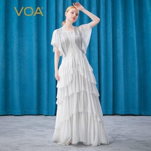 VOA Heavy Jacquard Silk White wedding Banquet Pleated Skirt Multi-layer Ruffled Flying Sleeve Cake Summer Womens Dress AE625