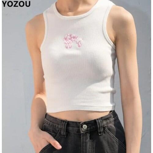 Women summer 90s vintage sweet pink little girl pattern embroidery crop top cropped tank tee for female