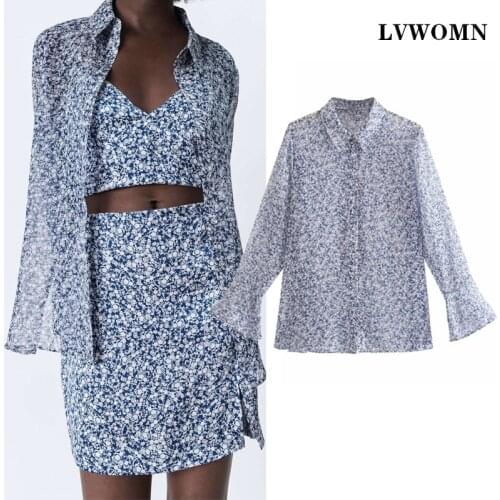 LVWOMN Za Women Blouses Summer Long Sleeve Printed Shirt Women Clothes Lapel Casual Chic Button Side Split Female Shirt Chic Top