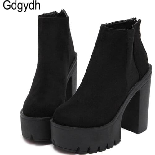 Gdgydh Fashion Black Ankle Boots For Women Thick Heels Spring Autumn Flock Platform Shoes High Heels Black Zipper Ladies Boots