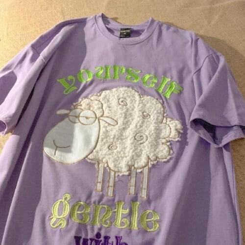 Cute Little Sheep With Embroidery Letters Tops Tees Summer Casual Short Sleeve Cartoon O Neck T Shirt Women