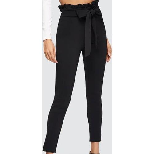 Elegant Paperbag Waist Belted Detail Solid High Waist Pants Women Skinny Frill Trim Elastic Waist Spring Summer Pants