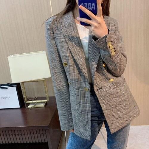 2021 spring and autumn new suit womens fashion temperament all-match retro full wool plaid one button long-sleeved jacket