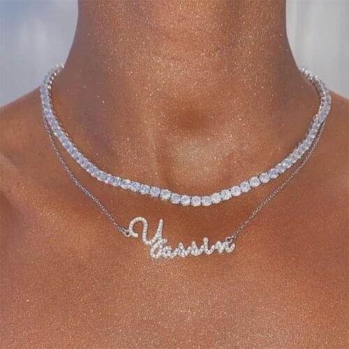 Name Custom Necklace For Women Stainless Steel Personalized Zirconia Iced Out Letter Cuban Choker Pendant Necklaces Jewelry