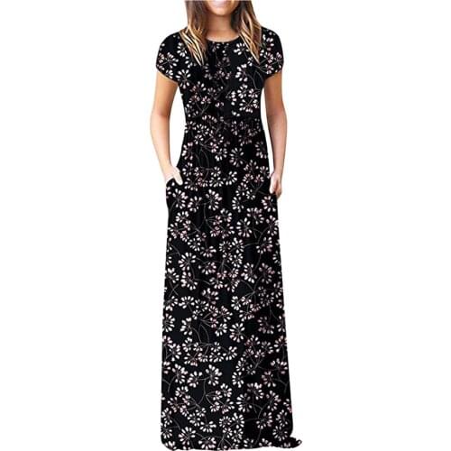 Womens vintage black dress office lady Summer Short Sleeve Pocket Casual Floral Printing Beach Long Maxi Loose Dress платье