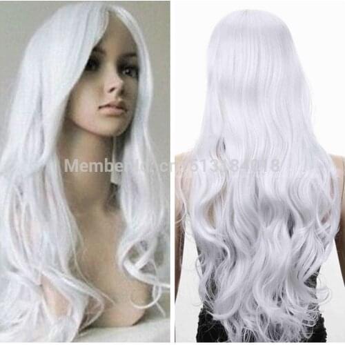 ##@@001Ladies Women Long White Curly Wavy Western hair Full Cosplay Fancy Dress Wig