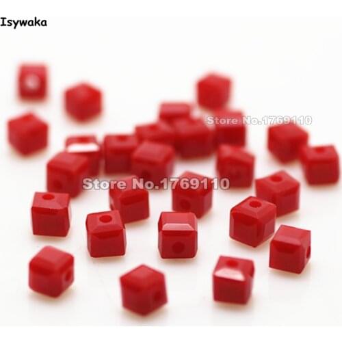 Isywaka 100pcs Cube 4mm Solid Red Color Square Austria Crystal Beads Glass Beads Loose Spacer Bead For DIY Jewelry Making