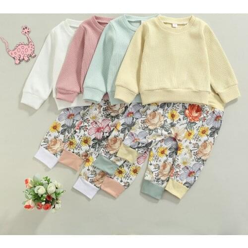 FOCUSNORM 4 Colors Autumn Baby Girls Cute Clothes Sets Solid Long Sleeve Pullover Sweatshirt Tops Floral Printed Pants 0-24M
