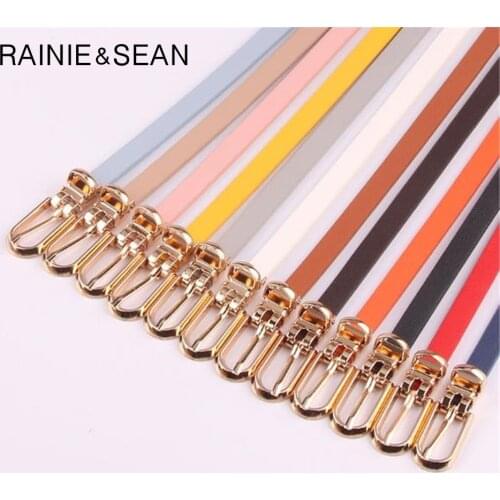 RAINIE SEAN Leather Dress Belt Woman Belts For Dress Candy Color Yellow Red Pink Brown PU Waist Thin Womens Belt Narrow Strap