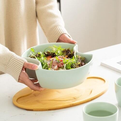 Creative Simple Nordic Salad Fruit Bowl Couple Matte Macarons Glaze Snack Bowl with Wooden Holder Set