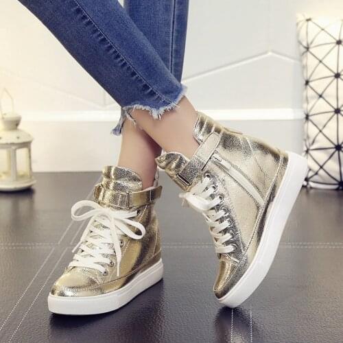 Women Casual Sneakers 2019 Autumn High Top Women Shoes Fashion Increase Ankle Shoes Flats Breathable Women Sneakers Golden
