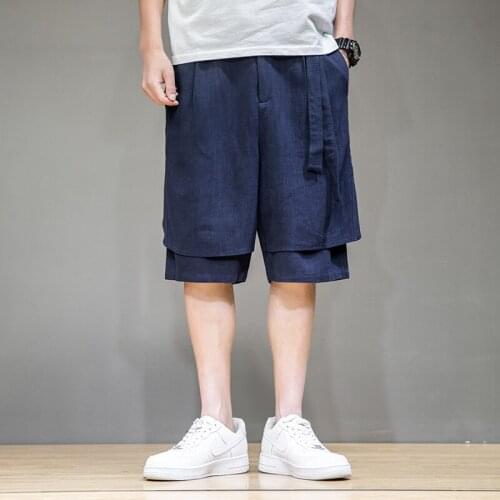 Baggy Linen Straight Five-point Pants 2021 Men Hip-hop Middle Trousers Chinese Casual Vintage Shorts Pants Sweatpants