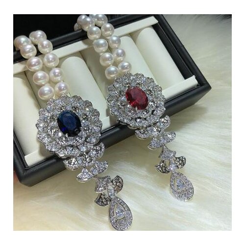 Fashionable natural freshwater pearl 9-10mm red blue zircon micro inlaid accessories pendant necklace long 45cm