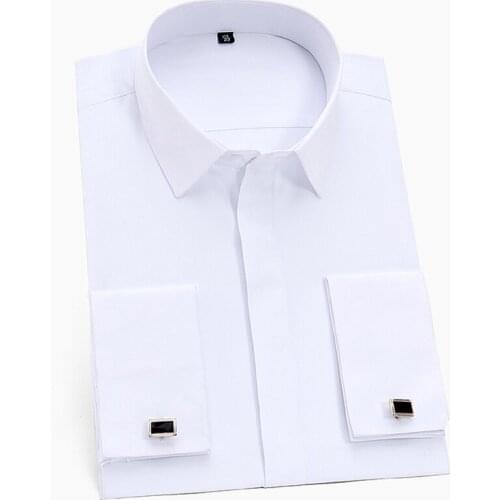 France Cufflinks men business tuxedo Shirts Square collar long sleeve Covered Button Plain solid social formal shirt