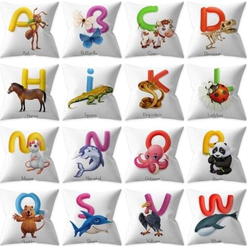 Cartoon Animals Alphabet Elephant Octopus Art Design Pillowcase Cushion Cover Car Sofa Home Decoration Customizable