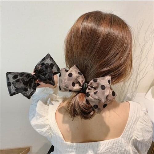 New spring and summer European root yarn black bow wave point hair rope net red hair head rope girl hair ring