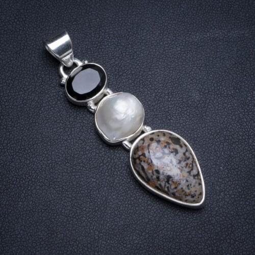 Natural Stingray Coral Biwa Pearl and Black Onyx Handmade Unique 925 Sterling Silver Pendant 2.25" X0129