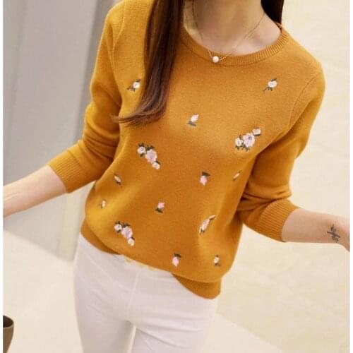 2021 New Womens Pullovers Beautiful Flowers Embroidery Long Sleeve Casual Female Cotton Sweater Short Solid color Female Tops