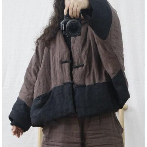 QPFJQD Ladies Long Sleeve Patchwork Color Winter Coats Warm Button Autumn Original Women Retro Linen Parkas V-Neck