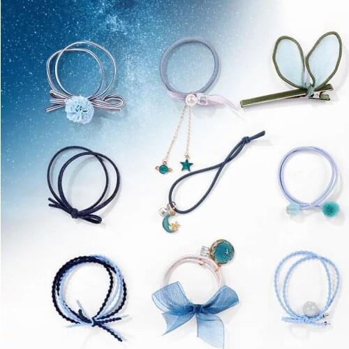 9PCS/Set Moon Starry Sky Series Maiden Women Hair Circle 5Color Bow Stars Moon Net Yarn Female Hair Rope Hair Accessories