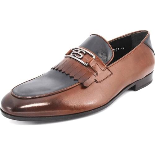 SHENBINs Tobacco/Dark Navy Blue Baby Buffalo Loafers with Leather Soles, Shenbins Exclusive Handmade Mens Shoes