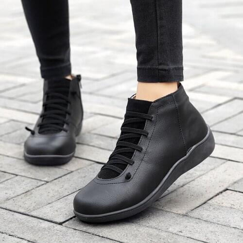 Womens Leather Ankle Boots Women Autumn Winter Strappy Vintage Women Punk Boots Flat Ladies Comfortable Shoes Woman Botas Mujer