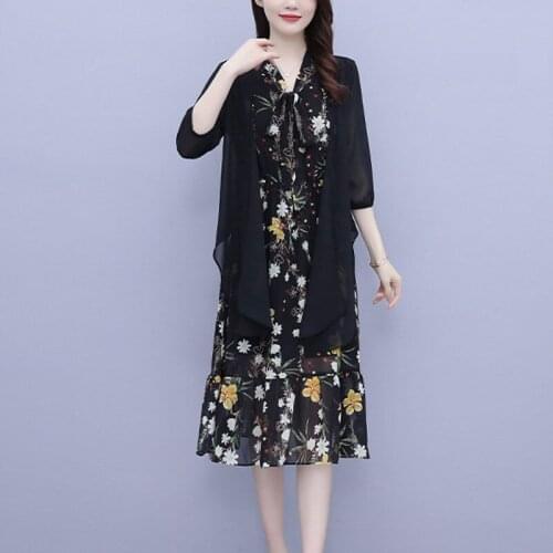 Floral Dress Suit Female 2021 Summer New Thin Chiffon Shirt Cardigan And Sleeveless Dress Lady Loose Casual Two Piece Set aq387