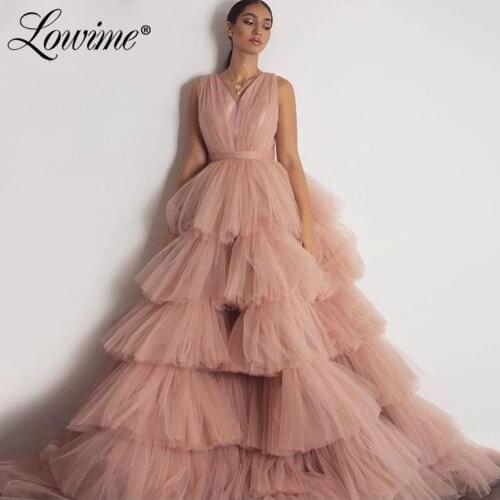Pink Party Dress Tulle Tiered Long Prom Dresses 2020 Customized Formal V Neck Evening Gown Arabic Dubai платья знаменитостей