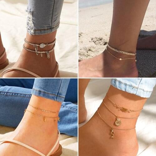 3 Pcs/2Pcs/Set Simple Women Anklets Leaf Dolphin Heart Key Disc Star Gold Silver Color Anklet Set Fashion Sandals Foot Jewelry