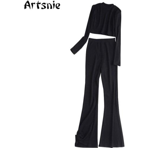 Artsnie Spring 2021 Homewear Two Piece Set Women O Neck Crop Tops Long Flare Pants Tracksuits Ladies Casual Two Piece Set Outfit