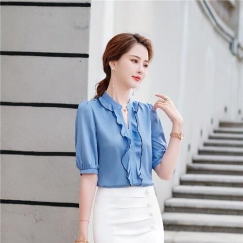 Elegant Blue V-neck Half Sleeve Blouses Shirts Spring Summer Women Office Work Wear Business Clothes Female Tops Plus Size 5XL