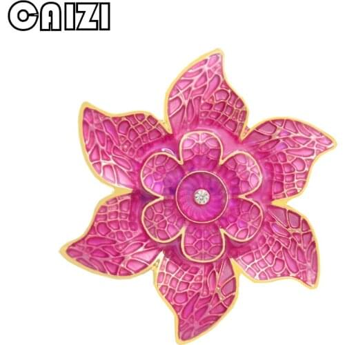 CAIZI New Pink Flower Brooch Rhinestone Brooches For Women Crystal Bauhinia Enamel Pin Wedding Jewelry Clothes Accessories Gifts