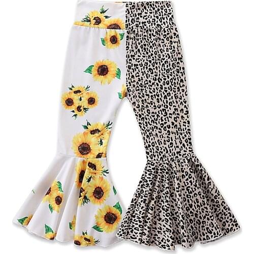 Children Sunflower Leopard Print Trousers, Girls Elastic Waist Splicing Long Flared Pants for Summer 2-7T