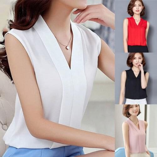 Women Brief Office Work Wear V Neck Shirts Sleeveless Chiffon Tops Women 2021