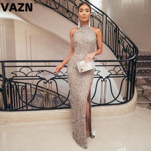 VAZN 2020 Hot High-end Sexy Club Elegant Mature Heavy Industry Flaring Solid Off Shoulder Women High Waist Thin Maxi Dress