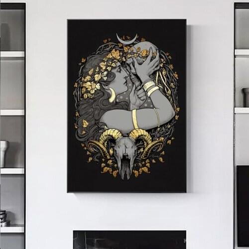 Gothic Goddess Skull Vine Canvas Painting Mythology Figure Posters Prints Black and Gold Wall Pictures for Living Room Decoratio