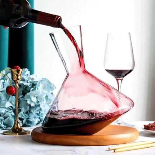 2000Ml Tumbler Wine Decanter with Wood Tray Lead-Free Hand Blown Crystal Wine Carafe Rotating Rapid Sway Whiskey Decanter